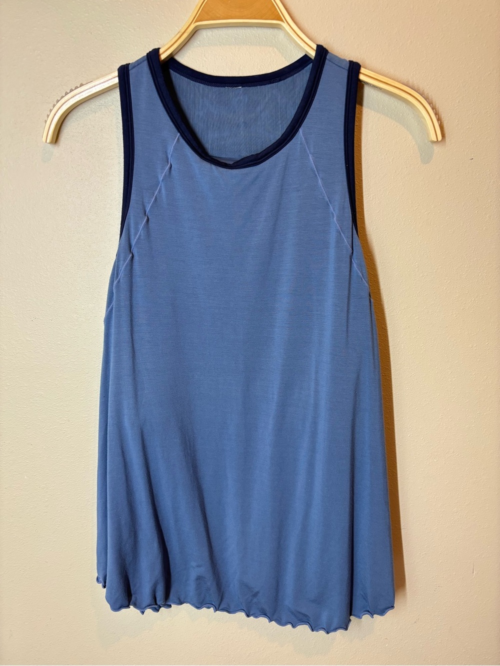 SheBird Blue Sleeveless Athletic YogaTank Top - size 6, ruffle hem, split back